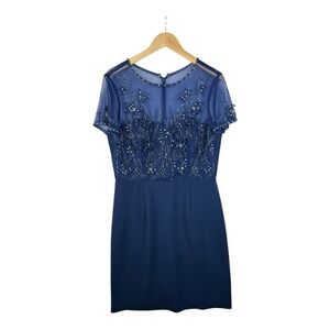 J S Collections Sheer Sequin‎ Detail Short Sleeve Dress size Small Blue